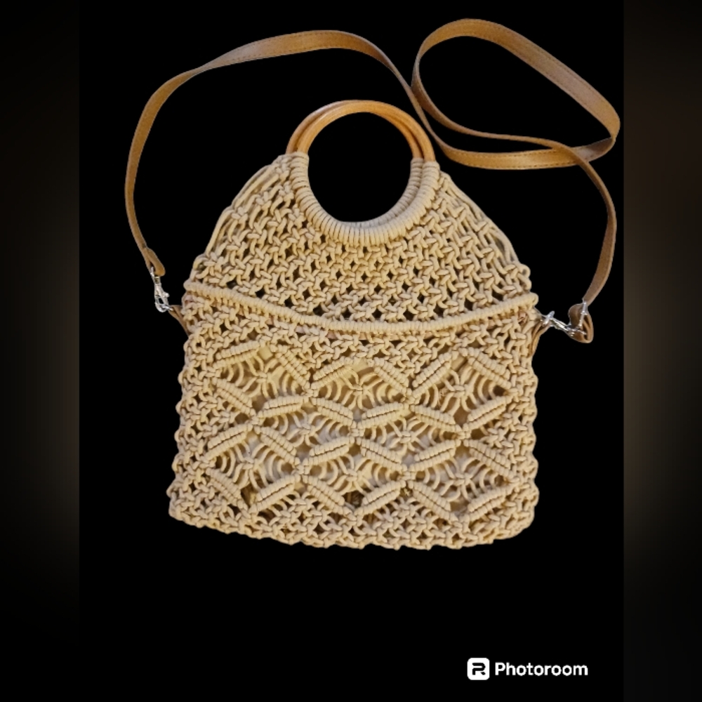 Studio Collection vintage macrame wooden handles ring bag.  Natural color.